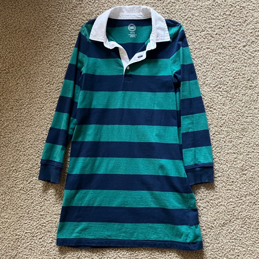 Wonder Nation Girls Polo Shirt Dress, Green and Navy Stripe Size M (7-8)